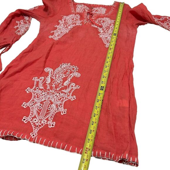 Monoreno Embroidered  100 % Linen Peasant Blouse Long Sleeve Salmon Red Small - Picture 13 of 15